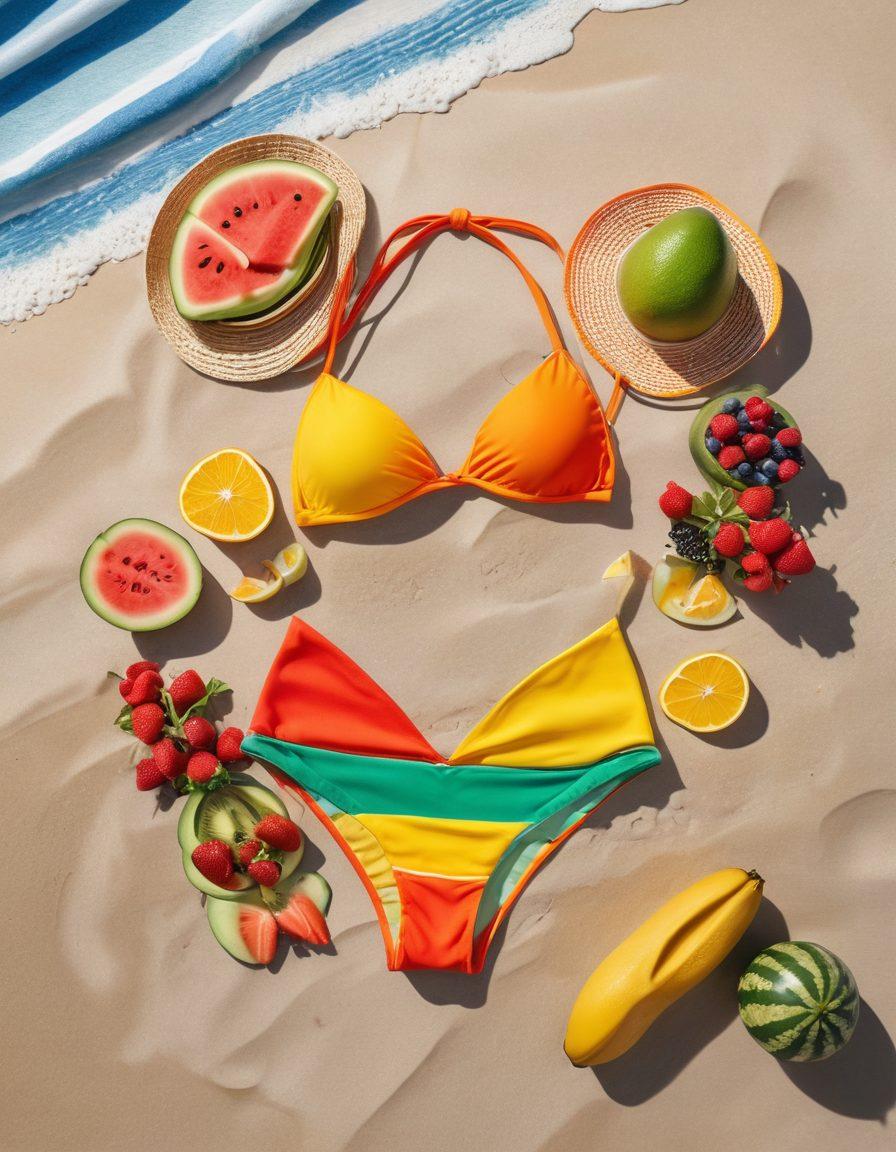 A stylish flat lay featuring an array of vibrant thong bikini styles on a sandy beach, surrounded by fresh, colorful fruits and healthy snacks like avocado toast and smoothie bowls. Include beach accessories like sunglasses, a sunhat, and a beach towel in the background, all set against a bright, sunny ocean view. The overall atmosphere should radiate summer vibes and health-conscious living. super-realistic. vibrant colors. natural lighting.