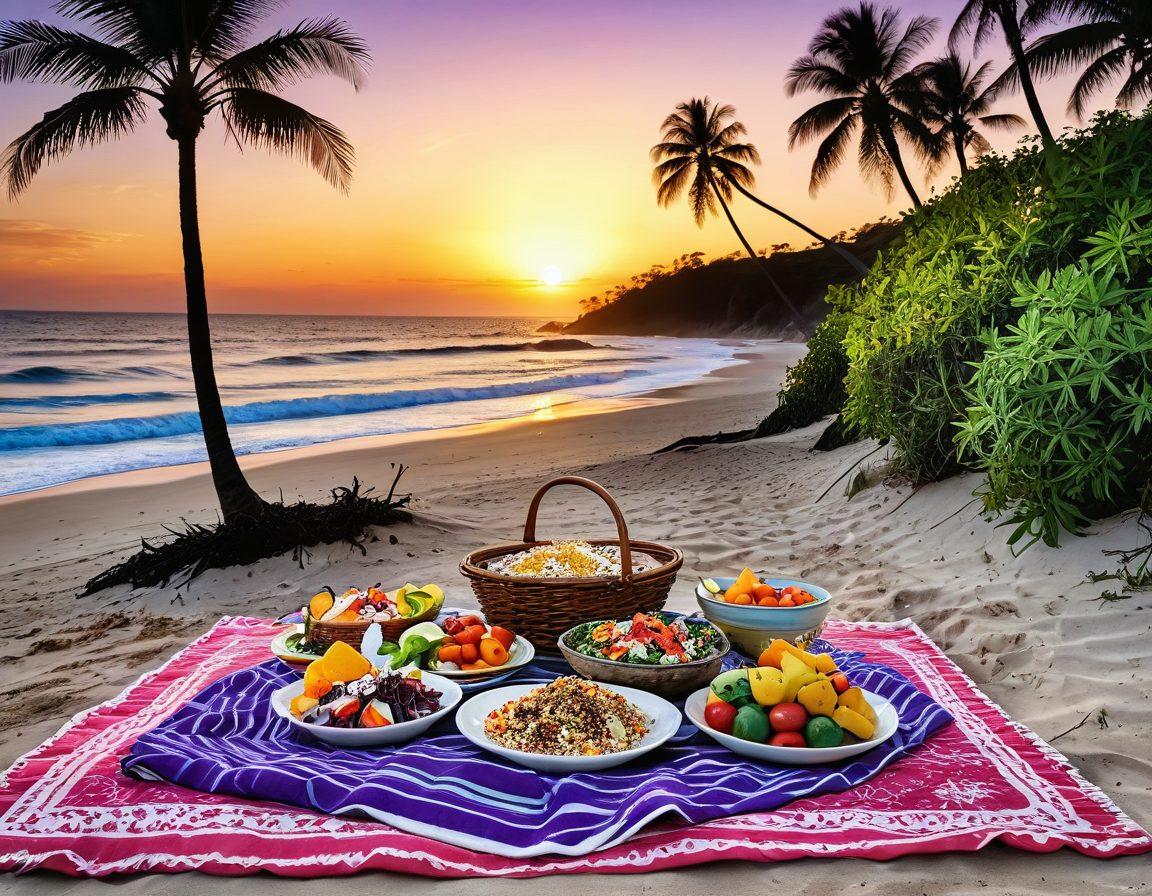 A beach setting featuring a picnic blanket spread with an array of colorful, IBS-friendly dishes like quinoa salad, grilled vegetables, and tropical fruits. Soft waves lapping at the shore in the background, a vibrant sunset casting warm hues. Include cheerful beachgoers enjoying the meal, with surfboards and palm trees nearby to enhance the coastal vibe. super-realistic. vibrant colors. white background.